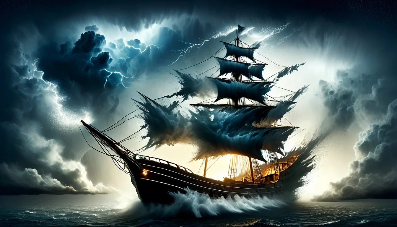 Setting: The dimly lit lower deck of an old wooden ship during a violent storm, with creaking beams and water seeping through cracks.
Subject: Jonah lying on a makeshift bed or pile of sacks, asleep despite the chaos above. Several distressed sailors are clustered around him, shaking him awake, with expressions of fear and urgency. Light from a lantern or small window casts dramatic shadows, highlighting the tension in the scene.
Atmosphere: Claustrophobic and tense, with the sound of the storm and the creaking ship emphasized to create a sense of impending danger.
