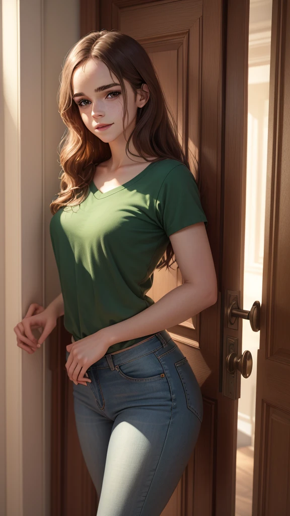 a beautiful young woman, Emma Watson, standing in a doorway, detailed facial features, porcelain skin, long brown hair flowing, emerald green eyes, warm smile, elegant posture, t-shirt and jeans, dark doorway, soft lighting, intricate architectural details, detailed background, photorealistic, award-winning digital painting, cinematic, highly detailed, 8k, masterpiece