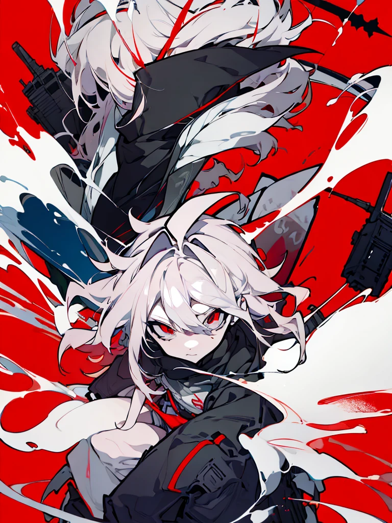 anime character with white hair and red eyes sitting on a red and white background, zerochan art, dos arknights, nagito komaeda, ufotable art style, best 4k konachan anime wallpaper, trends on artstation pixiv, Anime main art, digital art on pixiv, zerochan, por Kamagurka
