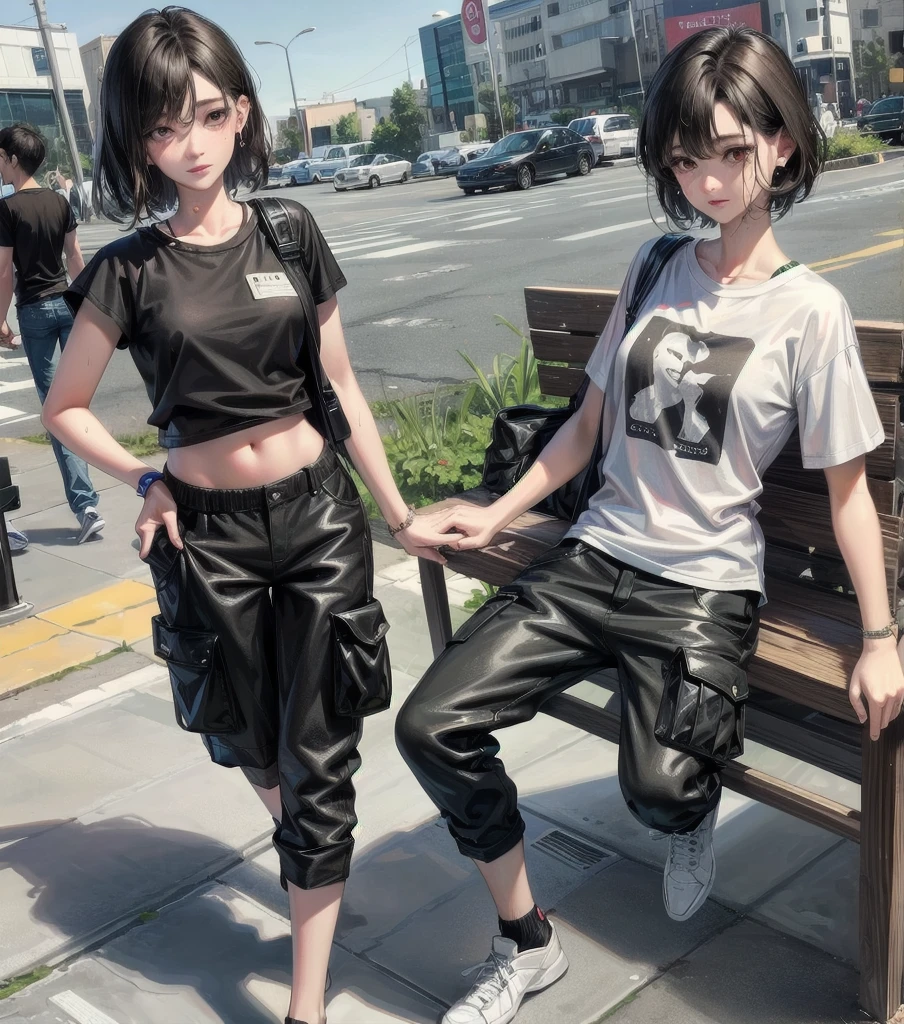 full body, photorealistic, delicate facial features, medium tits, medium hair, black hair, tearful mole, earring, t-shirt, cargo pants, shorts, wet,