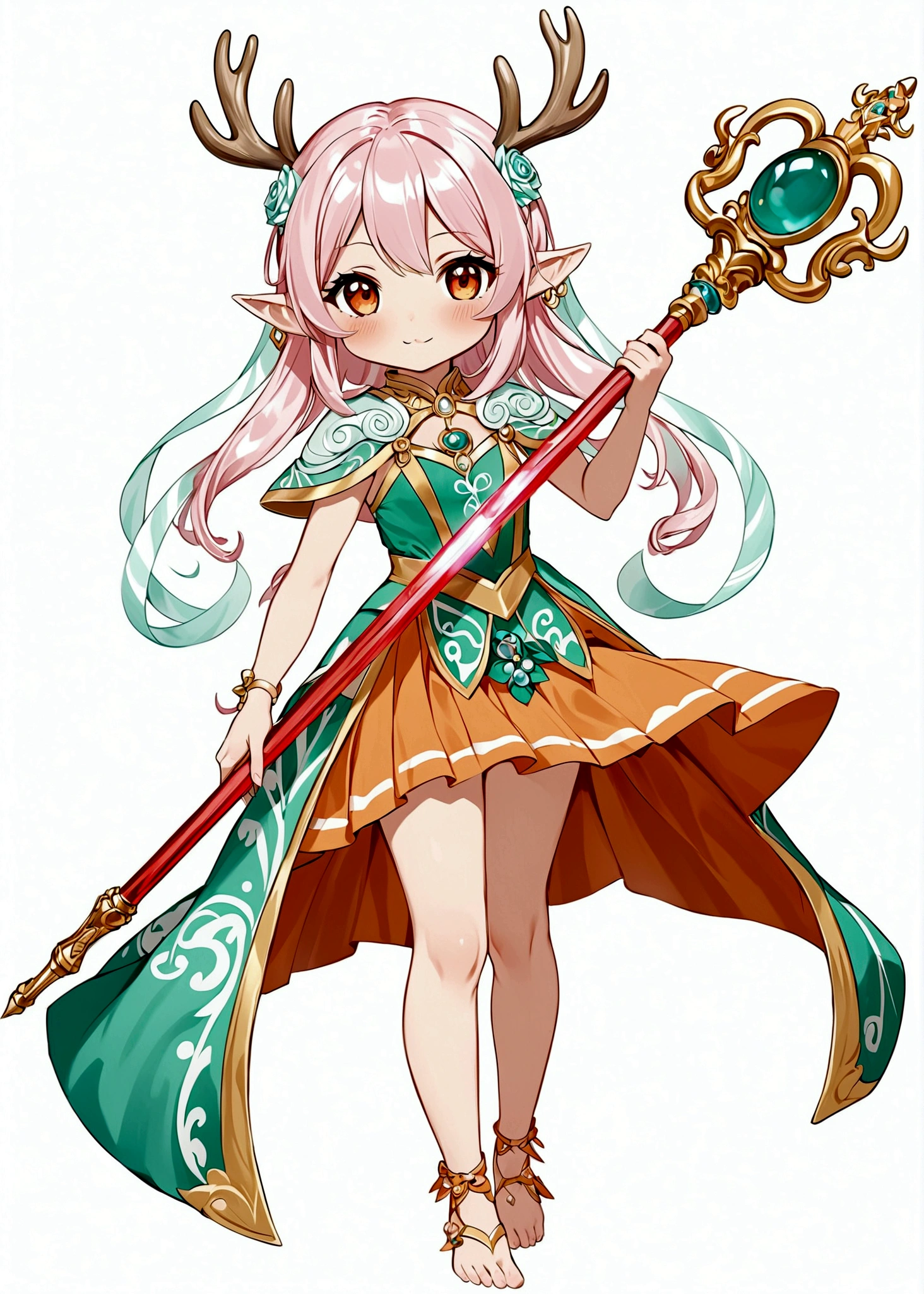 Cartoon anime style,beautiful girl,Fluffy pink hair,antlers,Elf ears,Short orange skirt,Scepter,Standing barefoot,Foot ring。(((Correct human anatomy))),White background
