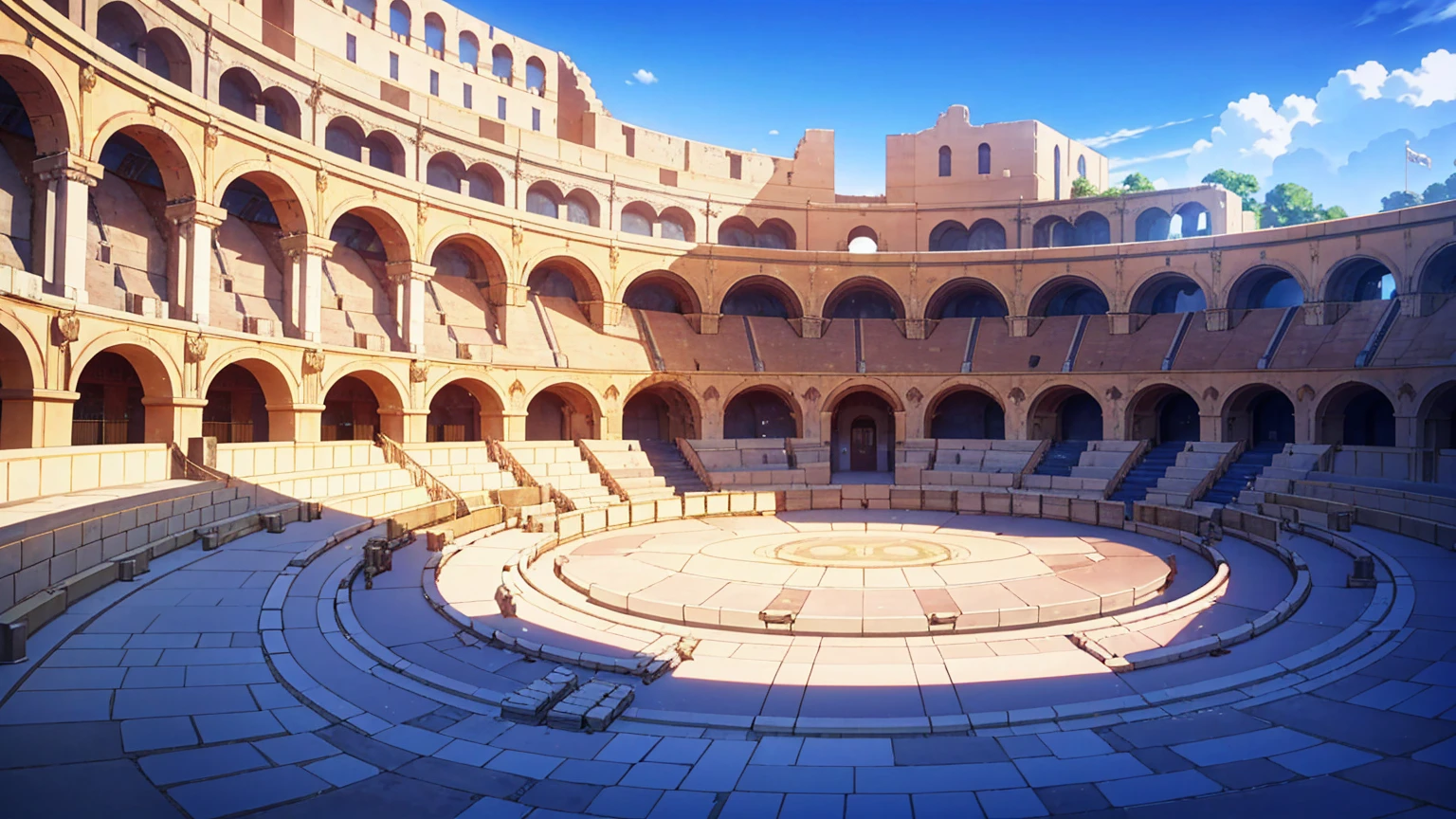 View from the center of the ancient Coliseum with its auditorium,masterpiece,game CG,アニメ,Unmanned, No human,background,,,Stonework, Coliseum, sand floor, stone seating, sandstone,
