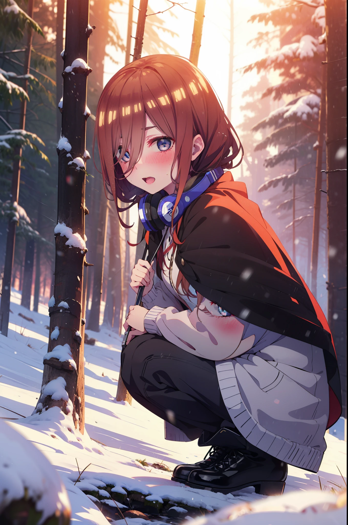 miku nakano, miku nakano, Long Hair, bangs, Brown Hair, shirt, Hair between the eyes, cardigan, Headphones around the neck,smile,blush,White Breath,
Open your mouth,snow,Ground bonfire, Outdoor, boots, snowing, From the side, wood, suitcase, Cape, Blurred, Increase your meals, forest, White handbag, nature, Squat, Mouth closed, フードed Cape, winter, Written boundary depth, Black shoes, red Cape break looking at viewer, Upper Body, whole body, break Outdoor, forest, nature, break (masterpiece:1.2), Highest quality, High resolution, unity 8k wallpaper, (shape:0.8), (Beautiful and beautiful eyes:1.6), Highly detailed face, Perfect lighting, Highly detailed CG, (Perfect hands, Perfect Anatomy),