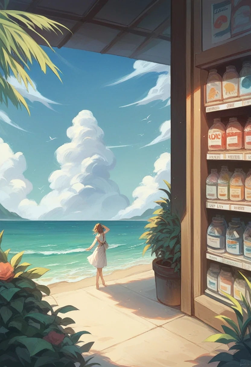 General store, ocean in front of the store, beautiful and charming summer sun and sea, with realistic animation of vivid colors (deep contrast of light and dark), a masterpiece of the highest quality, soothing scenery in 8K picture quality.
