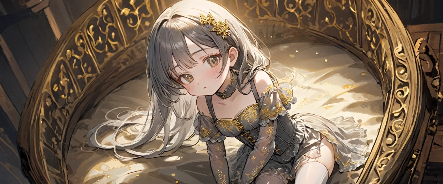 8  medieval girl, In underwear、Gold and silver thread embroidery、Knee-length semi-transparent bloomers（Drawers）Wearing、Wearing a semi-transparent corset、Translucent slip, Grey translucent tights、sleep