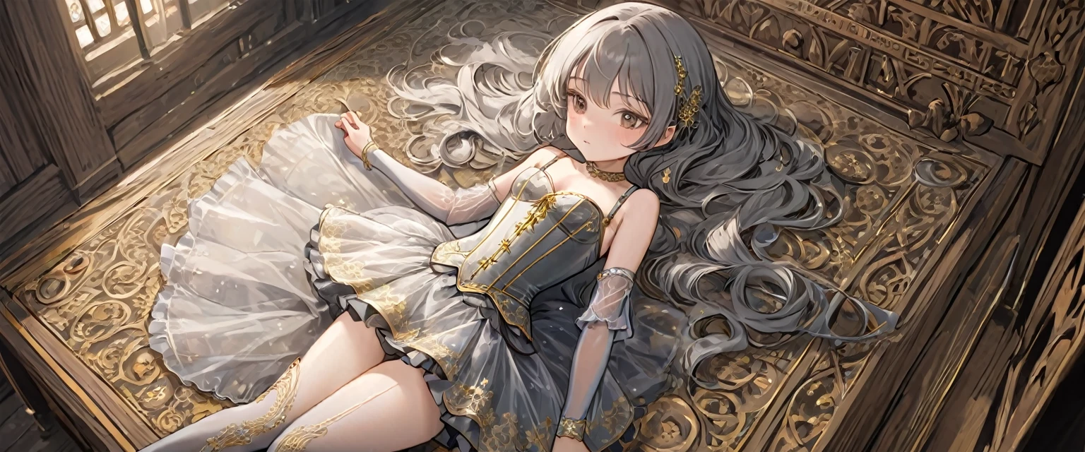 8 year old medieval girl, In underwear、Gold and silver thread embroidery、Knee-length semi-transparent bloomers（Drawers）Wearing、Wearing a semi-transparent corset、Translucent slip, Grey translucent tights、sleep