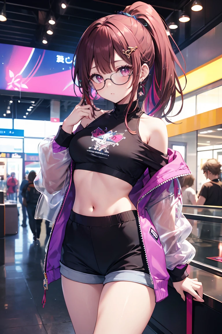 ((Masterpiece)), best quality, absurderes, ultra detailed, holographic, cowboy shot, golden ratio, super cute girl, mature girl, idol girl, super beautiful asian girl with very beautiful violet glowing eyes, glasses, beautiful glowing brown multicolored hair, high ponytail, nice and sexy body, slim body, perfect body, an anime printed super tight off shoulder long sleeve crop top, wearing super tight anime print shorts, a super aesthetic transparent mini jacket, beautiful hair ornament, sneakers, being photographed in a mall shop