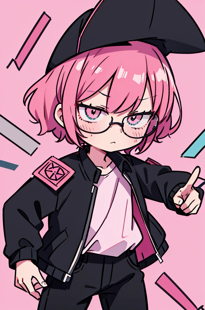 black pants, Sharp image, man, pink hair, wearing a pink jacket. , has a dull, bored face, wears round glasses, has short, neat hair,