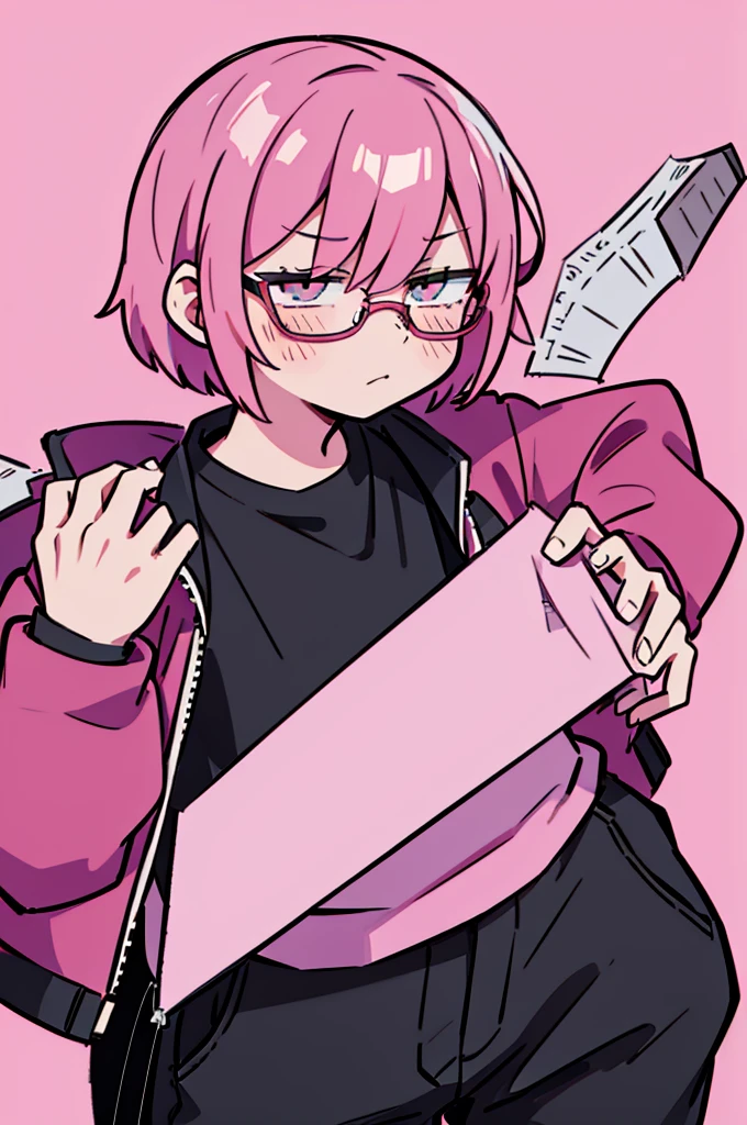 Anime woman with short pink hair taking pictures with cellphone, flustered