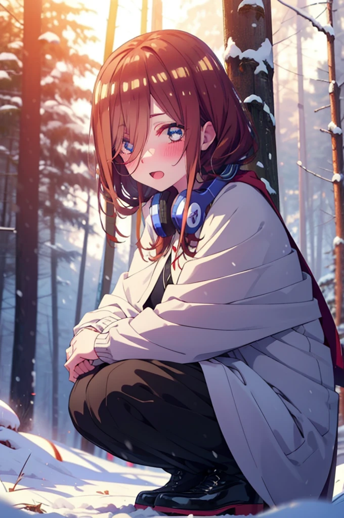 miku nakano, miku nakano, Long Hair, bangs, Brown Hair, shirt, Hair between the eyes, cardigan, Headphones around the neck,smile,blush,White Breath,
Open your mouth,snow,Ground bonfire, Outdoor, boots, snowing, From the side, wood, suitcase, Cape, Blurred, Increase your meals, forest, White handbag, nature, Squat, Mouth closed, フードed Cape, winter, Written boundary depth, Black shoes, red Cape break looking at viewer, Upper Body, whole body, break Outdoor, forest, nature, break (masterpiece:1.2), Highest quality, High resolution, unity 8k wallpaper, (shape:0.8), (Beautiful and beautiful eyes:1.6), Highly detailed face, Perfect lighting, Highly detailed CG, (Perfect hands, Perfect Anatomy),