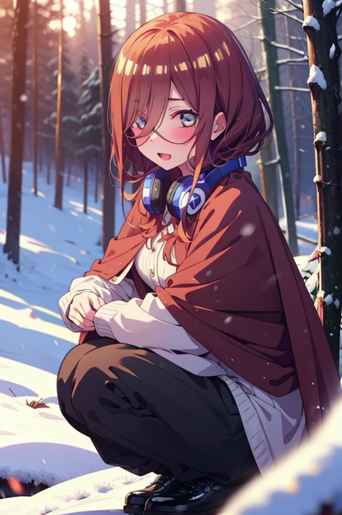 miku nakano, miku nakano, Long Hair, bangs, Brown Hair, shirt, Hair between the eyes, cardigan, Headphones around the neck,smile,blush,White Breath,
Open your mouth,snow,Ground bonfire, Outdoor, boots, snowing, From the side, wood, suitcase, Cape, Blurred, Increase your meals, forest, White handbag, nature,  Squat, Mouth closed, フードed Cape, winter, Written boundary depth, Black shoes, red Cape break looking at viewer, Upper Body, whole body, break Outdoor, forest, nature, break (masterpiece:1.2), Highest quality, High resolution, unity 8k wallpaper, (shape:0.8), (Beautiful and beautiful eyes:1.6), Highly detailed face, Perfect lighting, Highly detailed CG, (Perfect hands, Perfect Anatomy),
