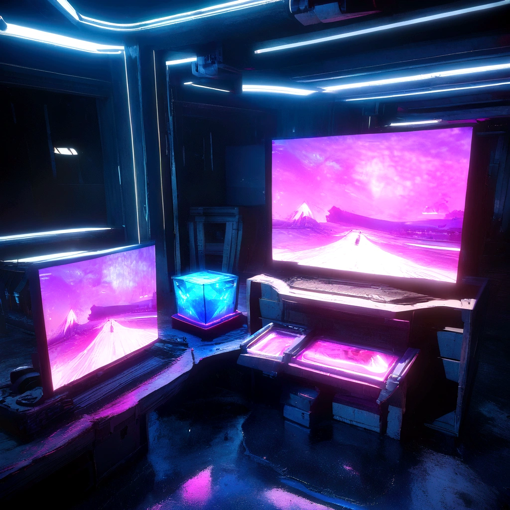 Concept Art of a clear blue glowing cube on the ground, beautiful Practical atmosphere, environment, detailed, Practical, Concept Art, Unreal Engine 5, structure, Science Fiction, Ray Tracing, Program Gateway, Perfect visual effects, light, Smooth, , Screen Space Reflections, environment光遮蔽, Scenes, aesthetics, bloom, shadow, Perfect drawing, Texture, Movie, Sharp Edges, HDR effect, Blender 3D, Resource Library, Art Station, realism, Retro-futurism, the 90s, 80's, Retro Effect, Vaporwave, cold snap, close up, The ground material is blue, Synthwave, Retro Wave,