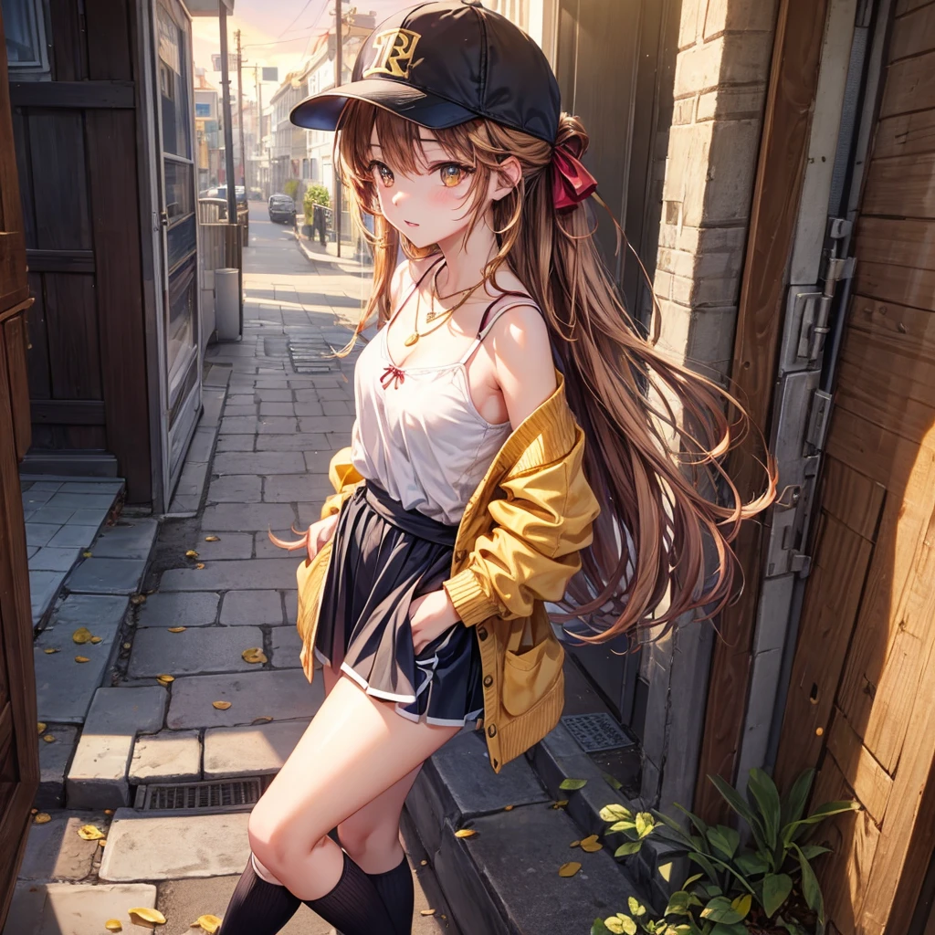 Red, brown, gold, gold hair、Golden Eyes、Hair tied up、One good looking girl、solo、anime、Checkered mini skirt、Ruffles on the skirt、camisole、camisole、Lightweight cardigan、Black knee-high socks、Wearing a baseball cap、Ribbon、Ribbon on waist、Teeth are visible、Sunset sky、Cumulonimbus、Silver coin necklace、shine、From above、Sparks are flying、tunnel、Cobblestones、Hands in pockets、waterfall、Torrent