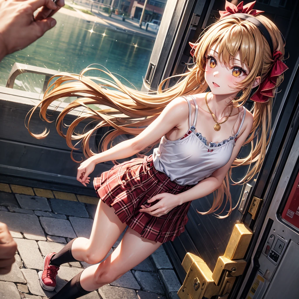 Red, brown, gold, gold hair、Golden Eyes、Hair tied up、One good looking girl、solo、anime、Checkered mini skirt、Ruffles on the skirt、camisole、camisole、Lightweight cardigan、Black knee-high socks、Wearing a baseball cap、Ribbon、Ribbon on waist、Teeth are visible、Sunset sky、Cumulonimbus、Silver coin necklace、shine、From above、Sparks are flying、tunnel、Cobblestones、Hands in pockets、waterfall、Torrent