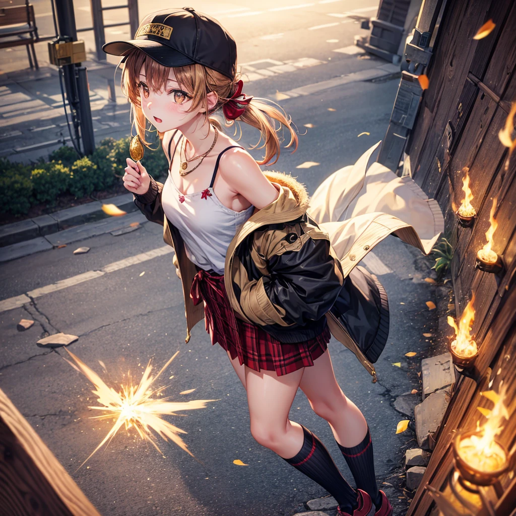 Red, brown, gold, gold hair、Golden Eyes、Hair tied up、One good looking girl、solo、anime、Checkered mini skirt、Ruffles on the skirt、camisole、camisole、Lightweight cardigan、Black knee-high socks、Wearing a baseball cap、Ribbon、Ribbon on waist、Teeth are visible、Sunset sky、Cumulonimbus、Silver coin necklace、shine、From above、Sparks are flying、tunnel、Cobblestones、Hands in pockets、waterfall、Torrent