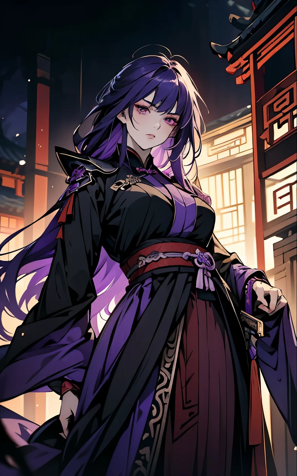 1 women, Raiden Shogun - genshin impact, long purple hair, violet eyes, violet chinese clothes, ultra long skirt, Fight, battle, blood, weapon, sword, blood coming out of his mouth, injury, torn clothes