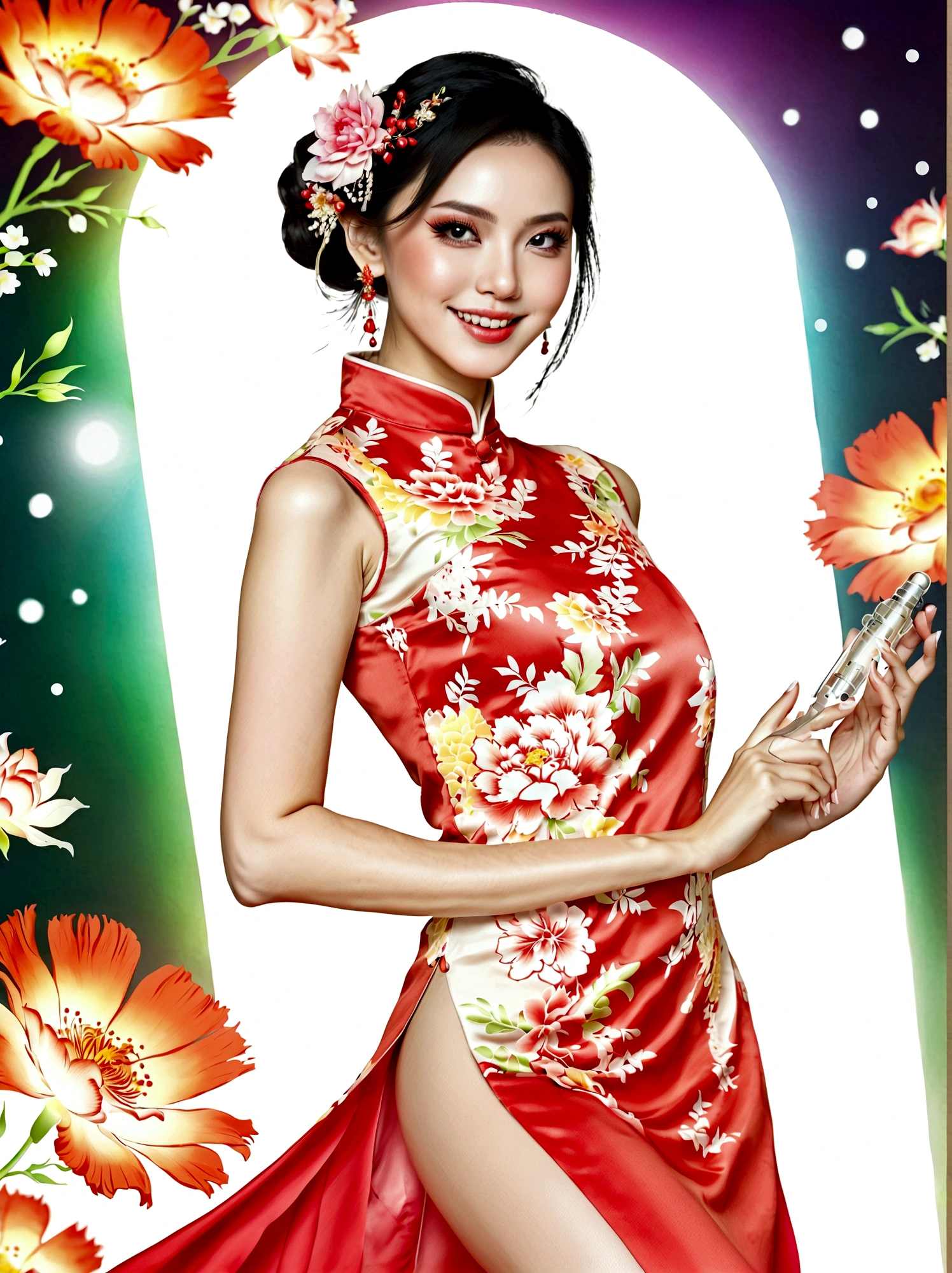(full-body shot:1.4), Space Art, 1 Cheongsam woman,whole body,Standing,Transparent robotic arm,slim body,Perfect proportions,Exquisite hair accessories,Smile,Transparent mechanical shoes,Oriental elements,(bokeh),high quality,4K,3d