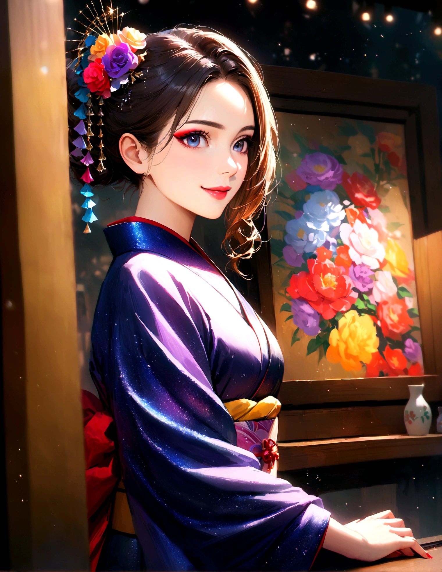 Kyoto, kimono,Maiko makeup,Blur the background,young woman,smile,Glitter effect,Highest quality,8K, High resolution, masterpiece:1.2, Very detailed, Realistic:1.37, High resolution, 超High resolution, Ultra-fine painting, Very detailedな, Vibrant colors