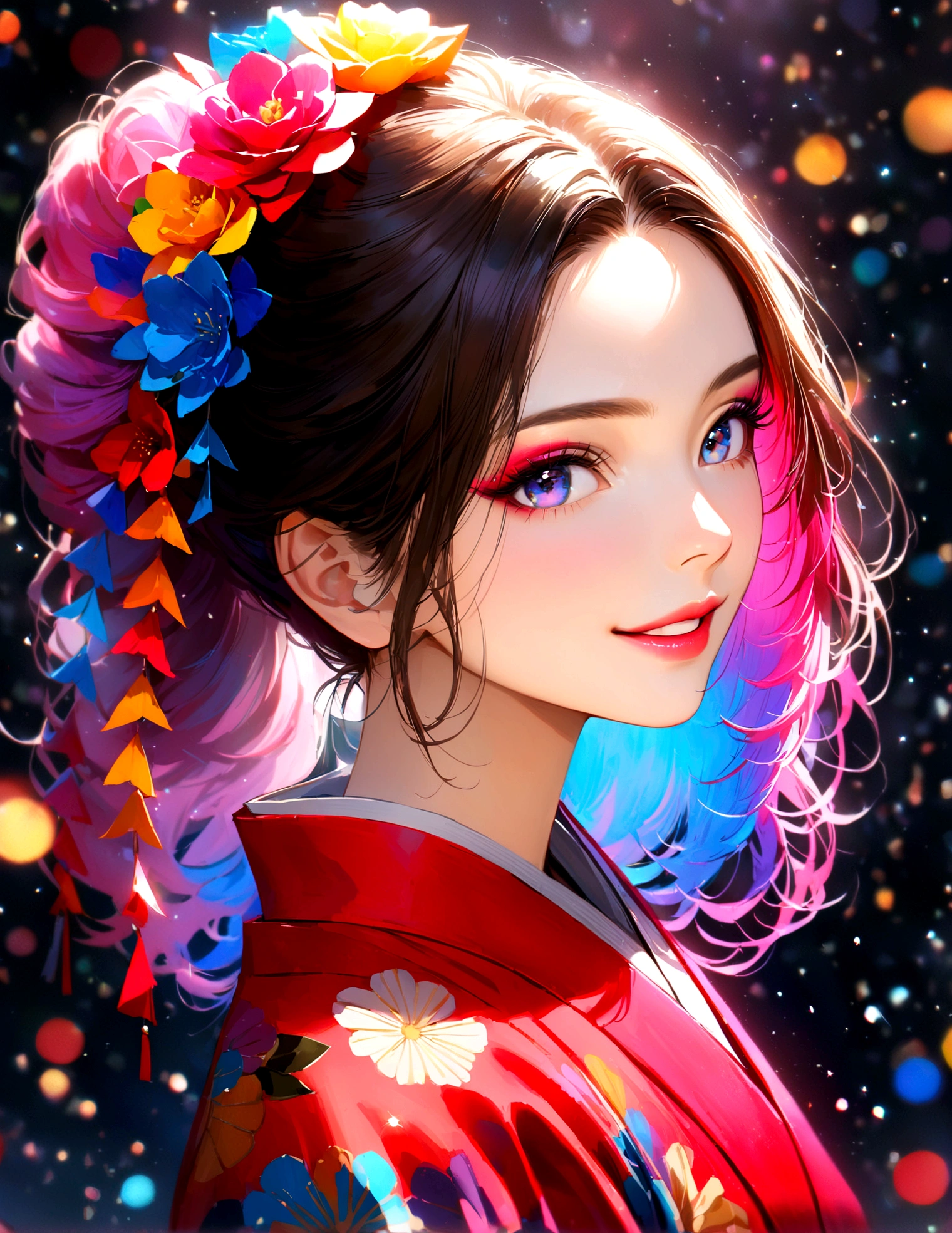 Kyoto, kimono,Maiko makeup,Blur the background,young woman,smile,Glitter effect,Highest quality,8K, High resolution, masterpiece:1.2, Very detailed, Realistic:1.37, High resolution, 超High resolution, Ultra-fine painting, Very detailedな, Vibrant colors
