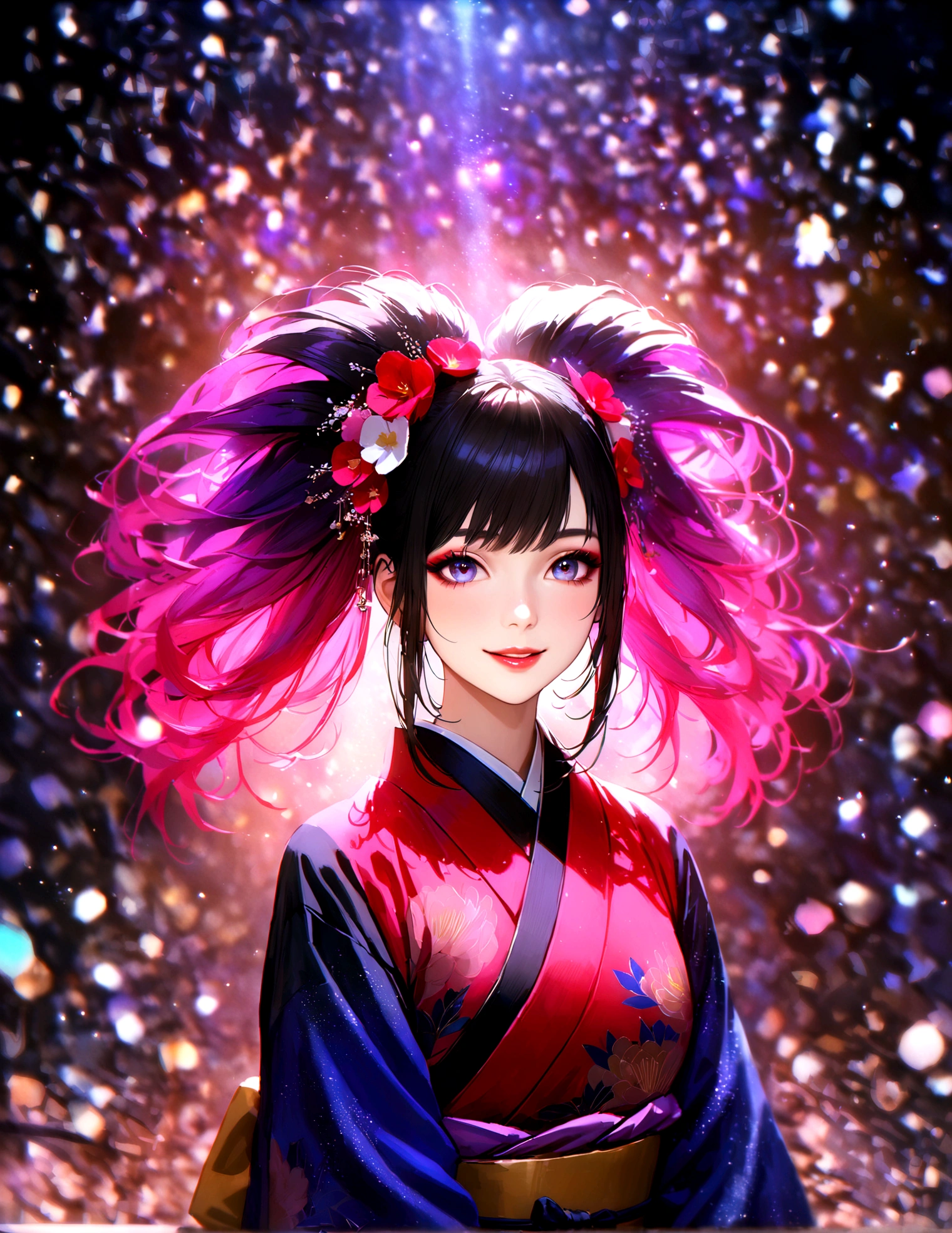 Kyoto, kimono,Maiko makeup,Blur the background,young woman,smile,Glitter effect,Highest quality,8K, High resolution, masterpiece:1.2, Very detailed, Realistic:1.37, High resolution, 超High resolution, Ultra-fine painting, Very detailedな, Vibrant colors