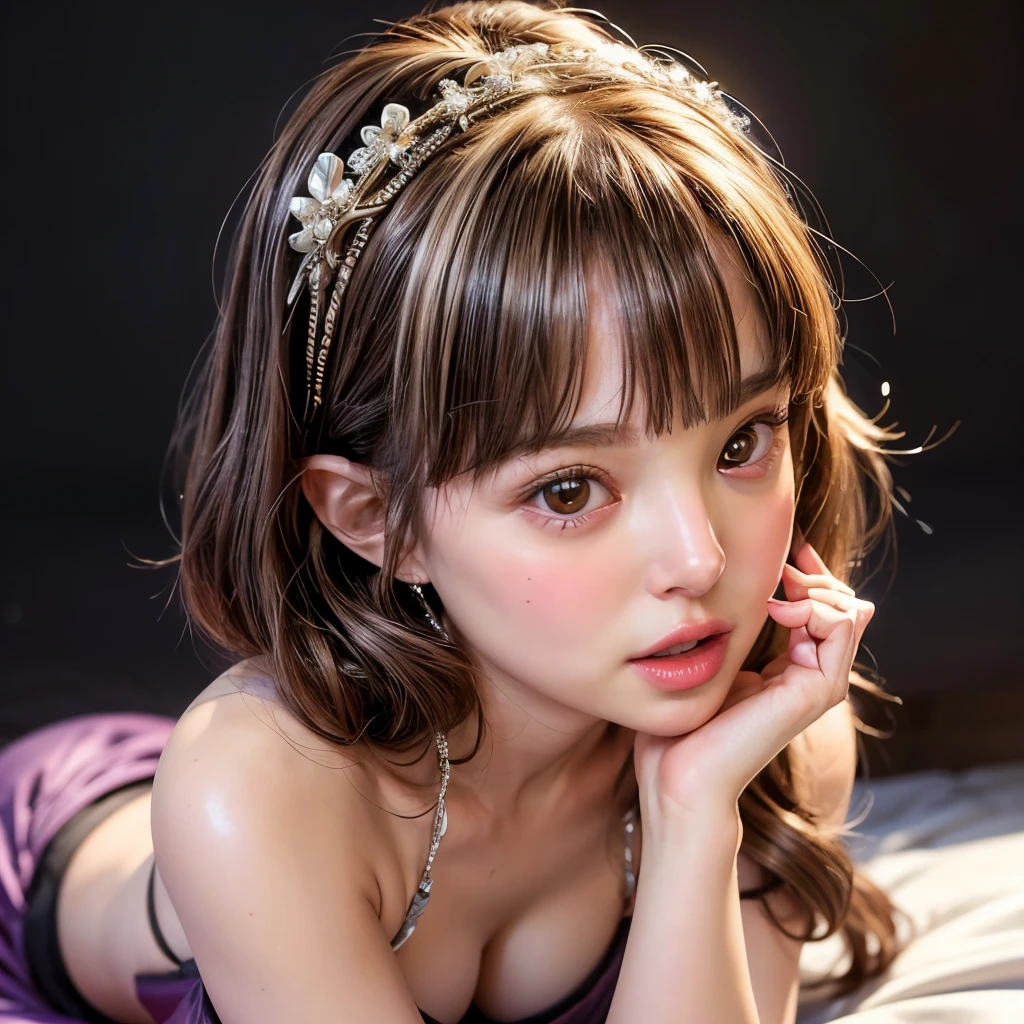 NSFW, 8k, High-level, absurd, masterpiece, best quality, primitive, very detailed CG, very detailed wallpaper, perfect lighting, Extremely detailed (((The personifying " Natalie Portman as Mathilda Lando in Leon " as a ))), MysticSight, Tyndall effect, Tyndall scattering, Studio gray background with (many Dazzling RainbowColor particles BokeH:1.28), (RoundlyButts, ThighGap), (Exposed:0.4), (Assfocus with looking ahead), BREAK (NOGIZAKA face variations) Extremely Detailed very KAWAII face variations, perfect anatomy, Childish, captivating gaze, elaborate detailed Eyes with (sparkling highlights:1.28), long eyelashes、Glossy RED Lips with beautiful details, Coquettish tongue, Rosy cheeks, Radiant PearlSkin with clear transparency . { (Dynamic LifeLike expressions:1.4) | :d) }, (large eyes:-1) .