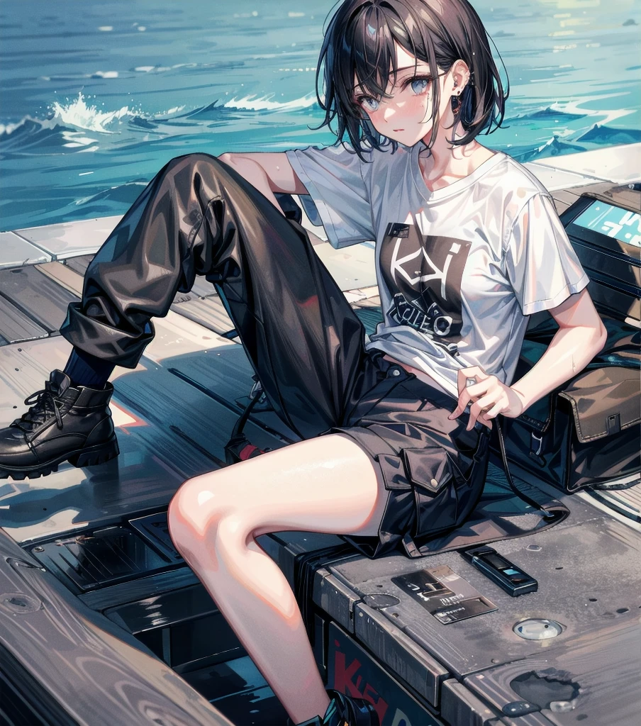 whole body, solo, alone, delicate facial features, medium tits, medium hair, black hair, tearful mole, earring, t-shirt, cargo pants, shorts, wet,