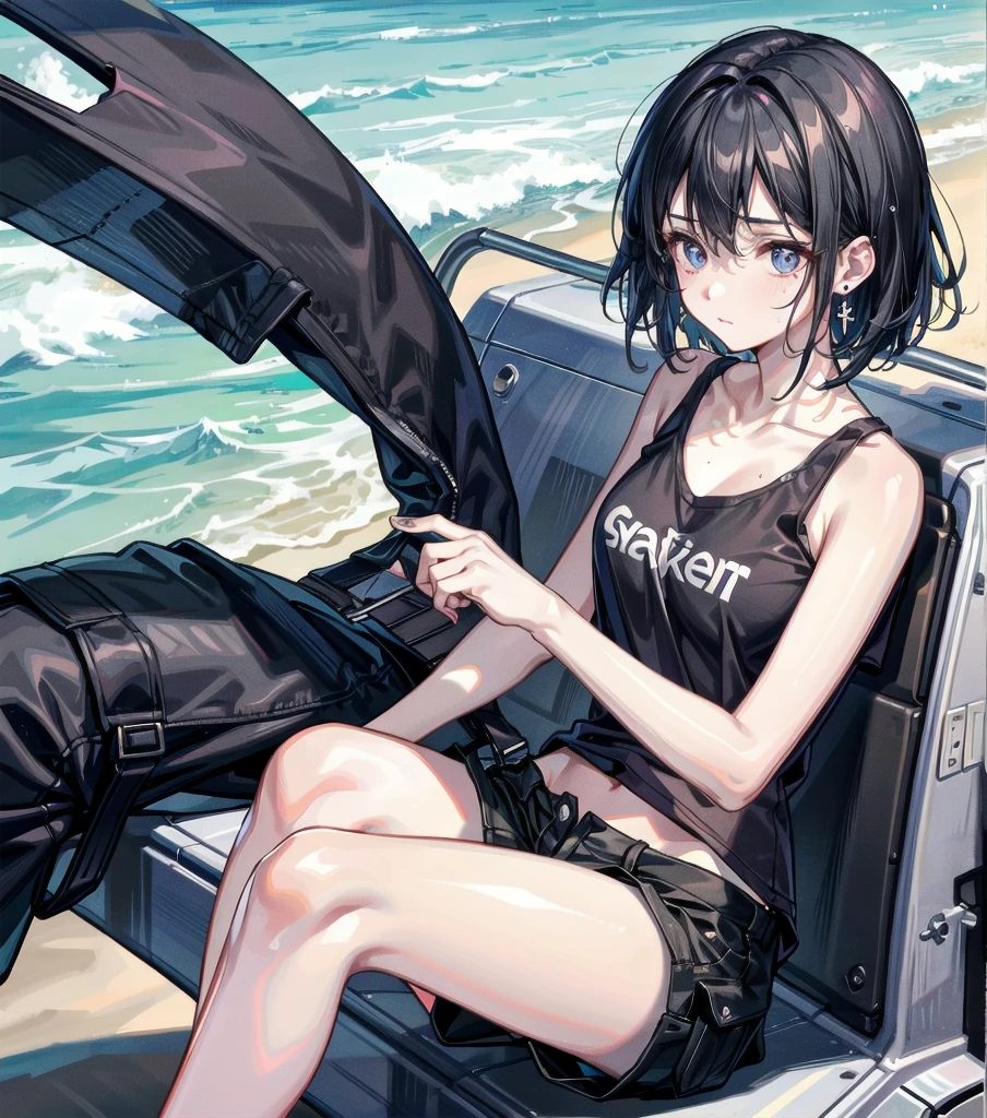 whole body, solo, alone, delicate facial features, medium tits, medium hair, black hair, tearful mole, earring, t-shirt, cargo pants, shorts, wet,