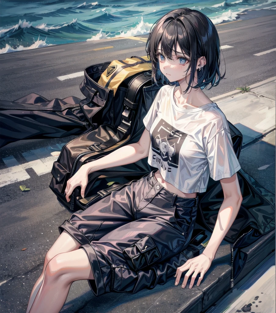 whole body, solo, alone, delicate facial features, medium tits, medium hair, black hair, tearful mole, earring, t-shirt, cargo pants, shorts, wet,