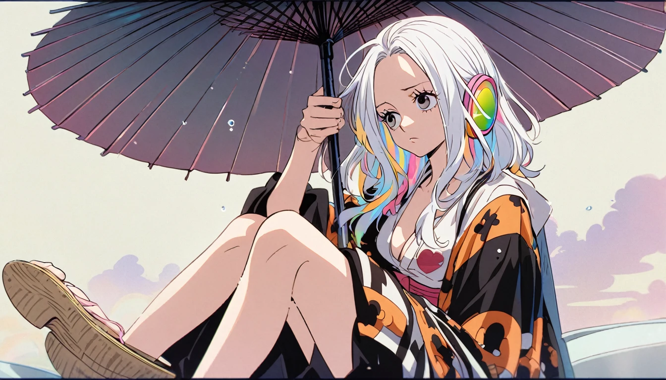 Handsome cute, Solitary, 1 female, Medium Length Hair, white hair, Rainbow hair, sleepy Eyes, Rainbow headphone, one piece, Futuristic, panoramic, background is japanese anime, looking away, sitting, umbrella,