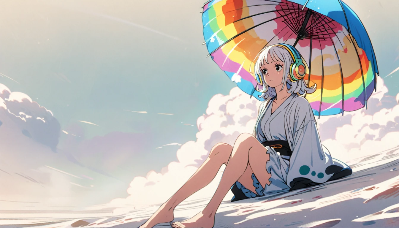 Handsome cute, Solitary, 1 female, Medium Length Hair, white hair, Rainbow hair, sleepy Eyes, Rainbow headphone, one piece, Futuristic, panoramic, background is japanese anime, looking away, sitting, umbrella,
