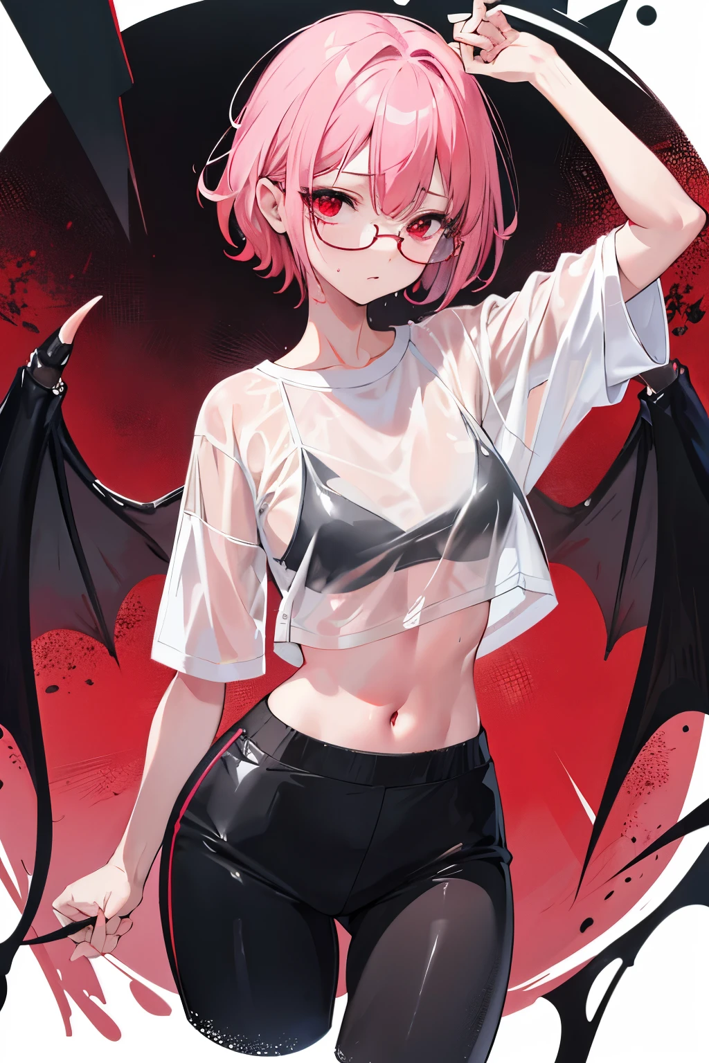 underdressing,Expression of disgust,Expression of disgust,Red Eyes,Sweat,Soaked,liquid,transparent,Cropped tops,succubus,pink,Glasses,trousers,Back