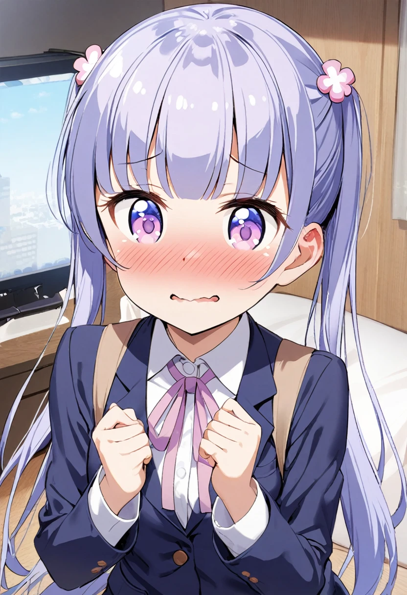 1girl, suzukaze aoba, new game!, , underwear, nose blush, Shy laugh,