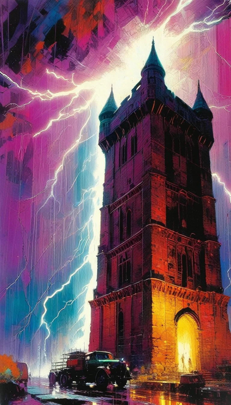 lightning strikes the great tower, Artwork inspired by Bill Sienkiewicz, vivid colors, intricate details, oil.