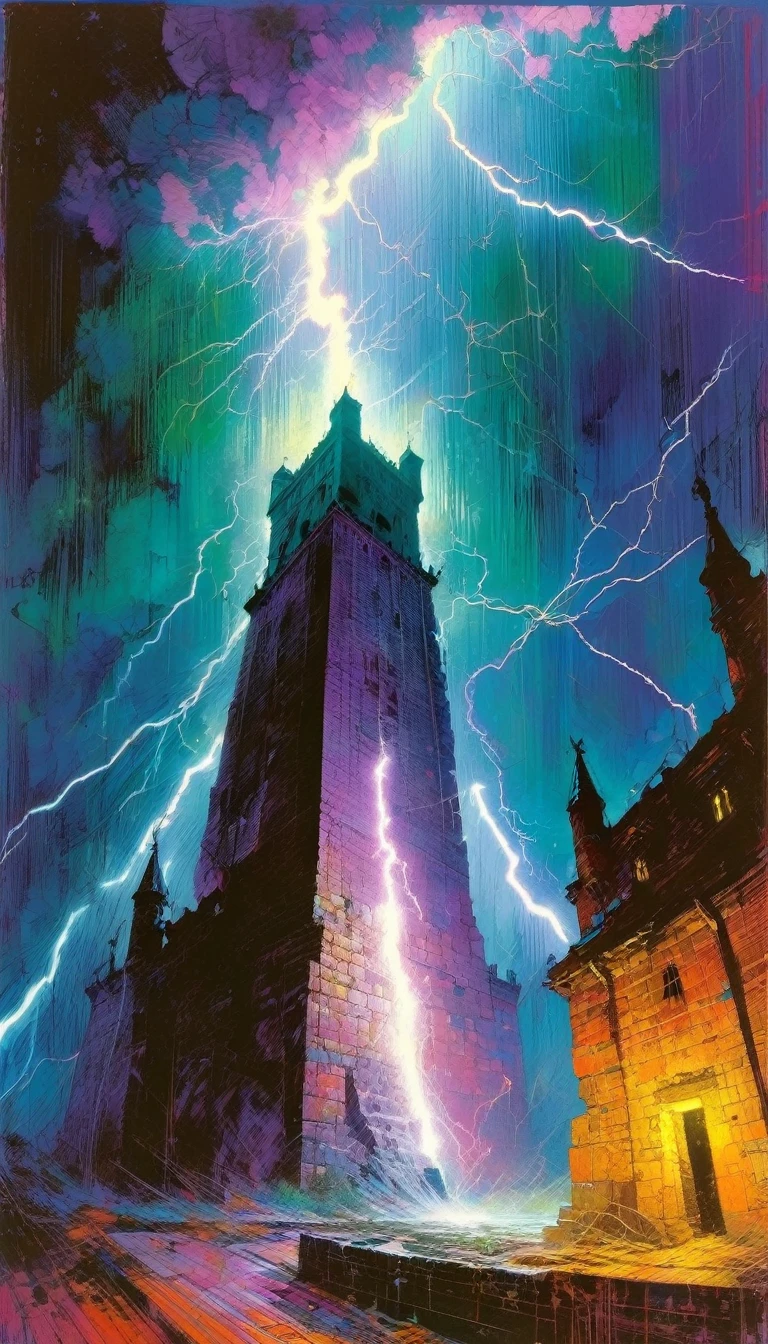 lightning strikes the great tower, Artwork inspired  by Bill Sienkiewicz, vivid colors, intricate details, oil.

