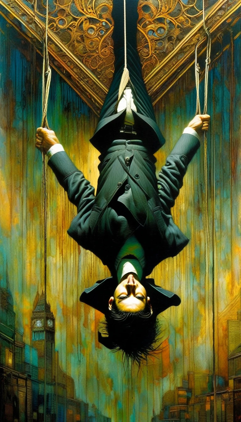 the man hanging upside down, Artwork inspired by Dave Mckean, intricate details, oil painted
