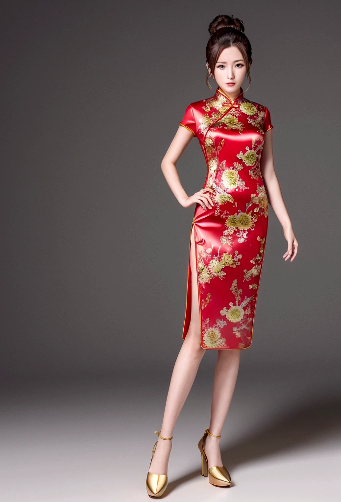 漫画城市猎人style,25-year-old beauty,Red cheongsam with gold edges,High bun,Full body portrait,rich and colorful,Japanese manga artist Hojo Tsukasa'style,Depth of Field,OC Renderer,Movie Lighting,very good,Very detailed,complicated,Viewing angle,CG art