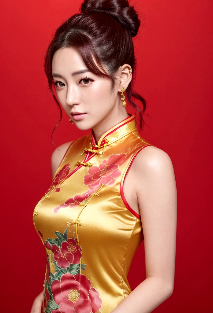 漫画城市猎人style，25-year-old beauty，Red cheongsam with gold edges，High bun，Full body portrait，rich and colorful，Japanese manga artist Hojo Tsukasa&#39;style，Depth of Field，OC Renderer，Movie Lighting，very good，Very detailed，complicated，Viewing angle，CG art