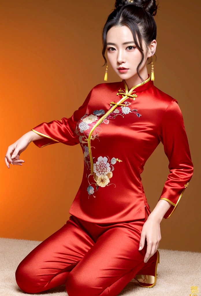 漫画城市猎人style,25-year-old beauty,Red cheongsam with gold edges,High bun,Full body portrait,rich and colorful,Japanese manga artist Hojo Tsukasa'style,Depth of Field,OC Renderer,Movie Lighting,very good,Very detailed,complicated,Viewing angle,CG art