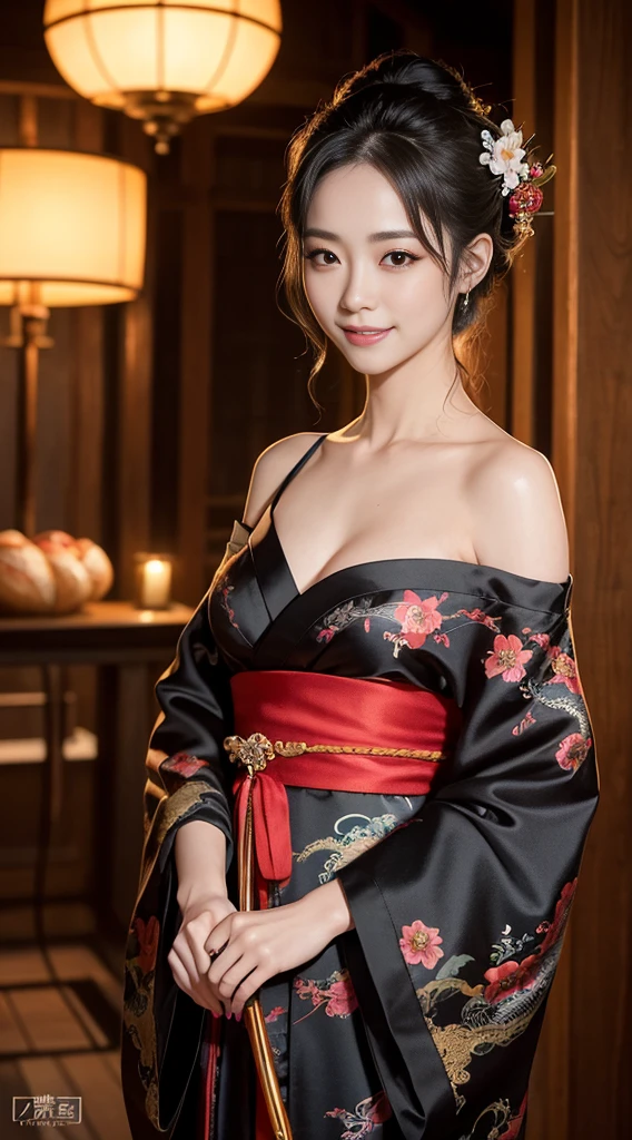 8K Ultra HD, Digital SLR,Film Grain, Fujifilm XT3,(Highest quality:1.3), (masterpiece:1.1), High resolution, Cinematic Light, Intricate details, (Realistic) (Night view) Realistic backlight、Dramatic reddish light、Beautiful Japanese Geisha full body photo, ((Facial texture Pore details)), Grin、Devilish smile, Simple messy hairstyle, She wears a black satin kimono decorated with traditional dragon motifs.., Open shoulders, Colorful dragon tattoos all over the body, Has a long blade, Long-bladed Japan sword in hand,Inside a traditional villa, 8K, Front blur
