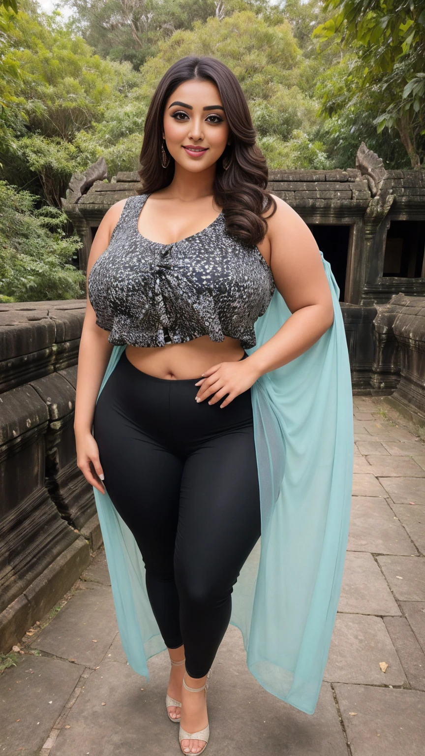 monali thakur Indian beautiful actress curvy plus size hour glass bulky huge figure woman, closeup camera view, big huge m-cup breast, wearing SHEIN Tween Girls' (Large) Letter Print Sleeveless Top With Long Pants Two-Piece Set, covered Bust , elegant standing position, eye contact view, different style hairstyle, bright eyes, thin eyebrows, fair skin, blushing cheeks, prefect head to toe view, full body, and expansive views, ideal for high-fashion or editorial shoots, ultra realistic skin texture, head to toe view, full body shot, full body view, smile face, black hair, Indian face, perfect skin tone light, ultra realistic skin texture, bigger waist, busty, big hips, fleshy thighs, thick thighs, busty, full body view, Angkor Wat, Cambodia: Ancient temple complex surrounded by lush jungle.