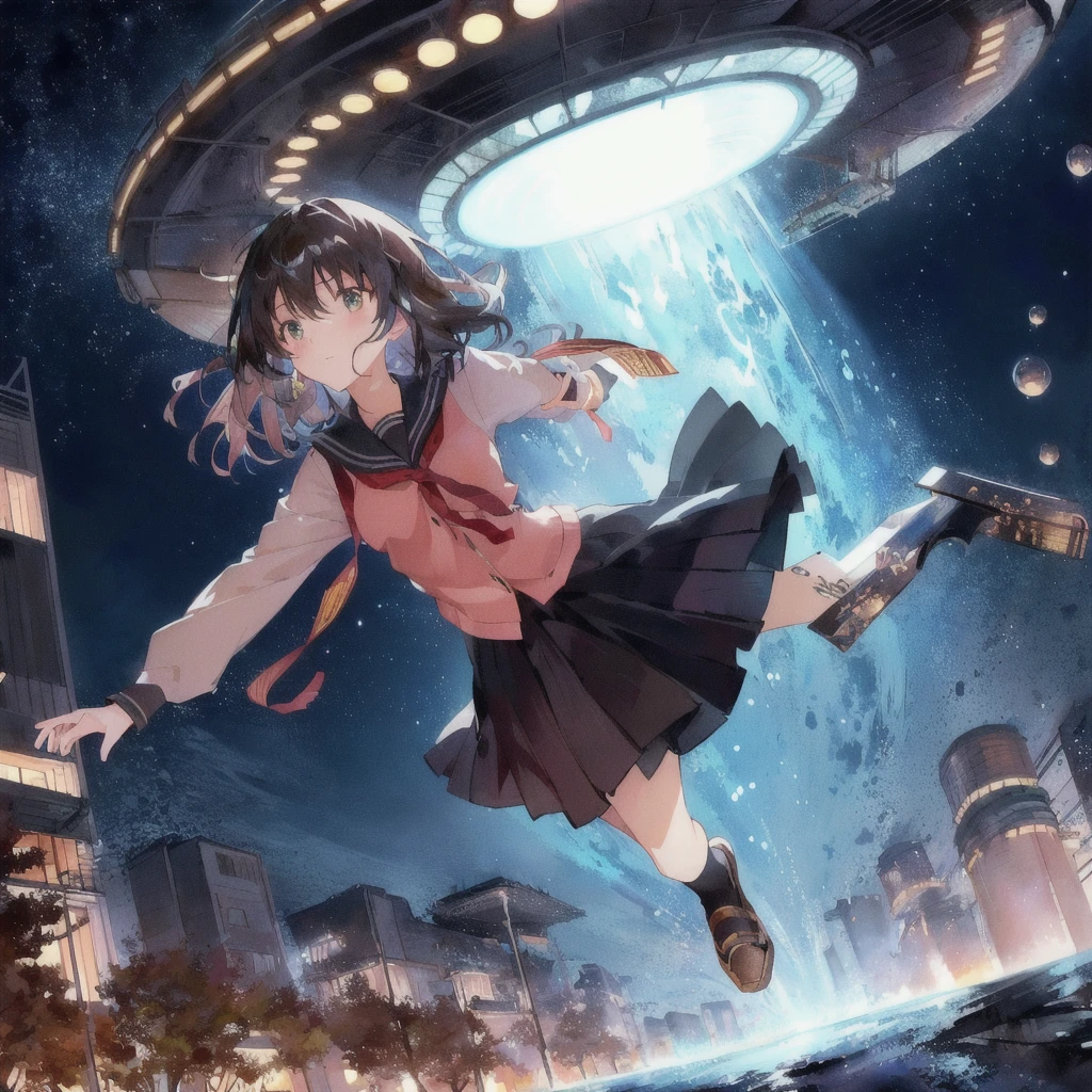 Anime girl being sucked into a flying saucer, Face of fear,Anime Style 4k, UFOTABLE art style, Makoto Shinkai Cyril Rolland, Anime Wallpaper, Anime Art Wallpapers 8K, anime art wallpaper 4k, anime art wallpaper 4k, ufotable studio art style, hd Anime Wallpaper, Sci-fi anime, Anime Wallpaper 4k