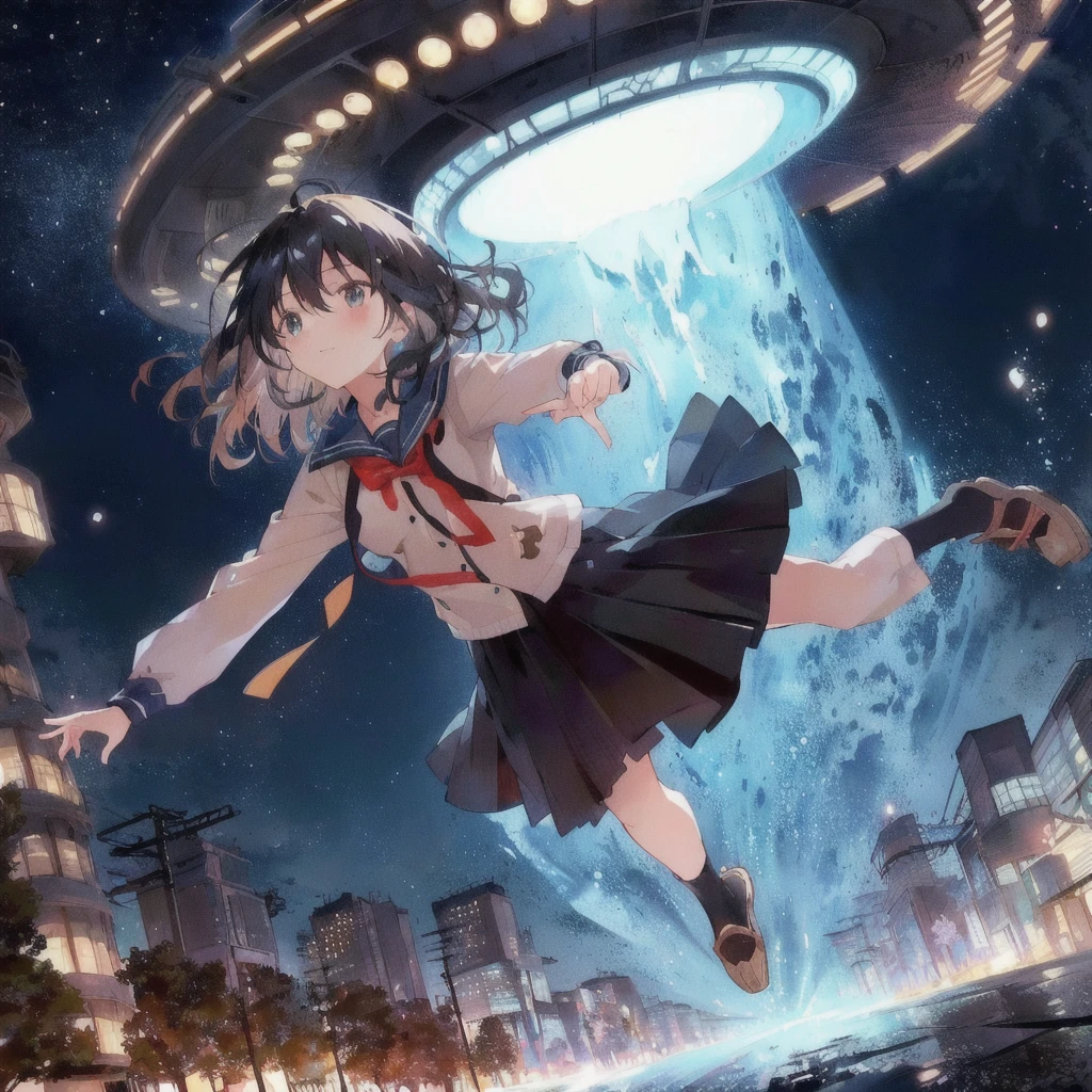 Anime girl being sucked into a flying saucer, Face of fear,Anime Style 4k, UFOTABLE art style, Makoto Shinkai Cyril Rolland, Anime Wallpaper, Anime Art Wallpapers 8K, anime art wallpaper 4k, anime art wallpaper 4k, ufotable studio art style, hd Anime Wallpaper, Sci-fi anime, Anime Wallpaper 4k