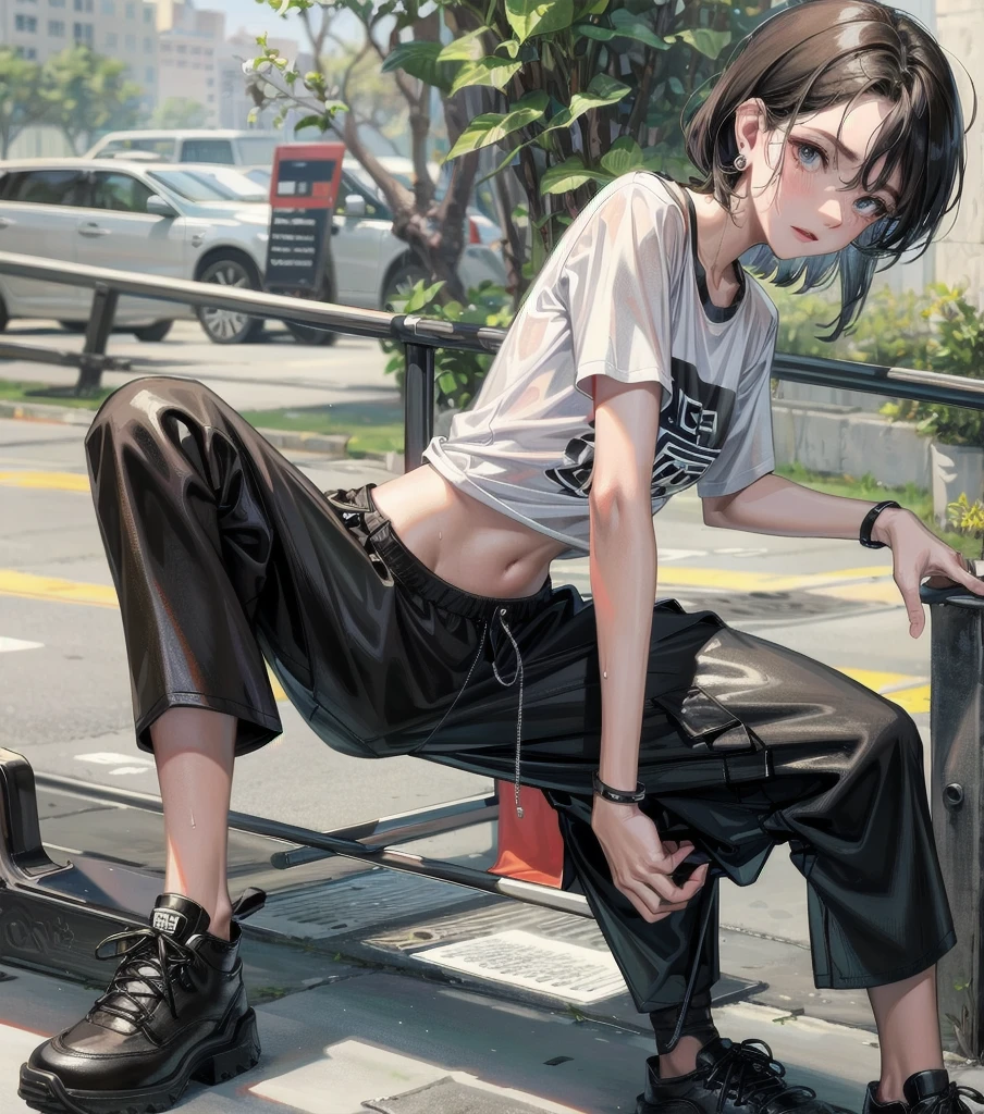 full body, solo, alone, delicate facial features, medium tits, medium hair, black hair, tearful mole, earring, t-shirt, cargo pants, shorts, wet,