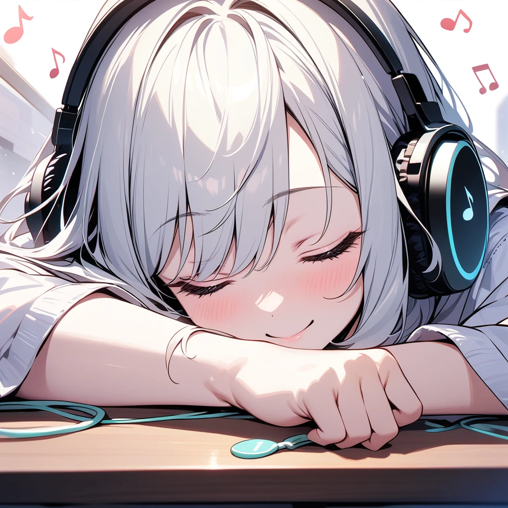 (best quality, masterpiece, ultra high-resolution, ultra-detailed: 1.2), An illustration of quarter note and eighth note symbols popping out of headphones. Picture the musical-note-symbols spilling out of your headphones and spreading out all around you.keep the background simple so the notes stand out, and give the overall pop and energetic feel.(musical-note:1.4),
BREAK.A girl sleeping face down on a desk,Close-up ,smiling,(closed eyes),big headphones,
white background,shiny skin,pale skin,