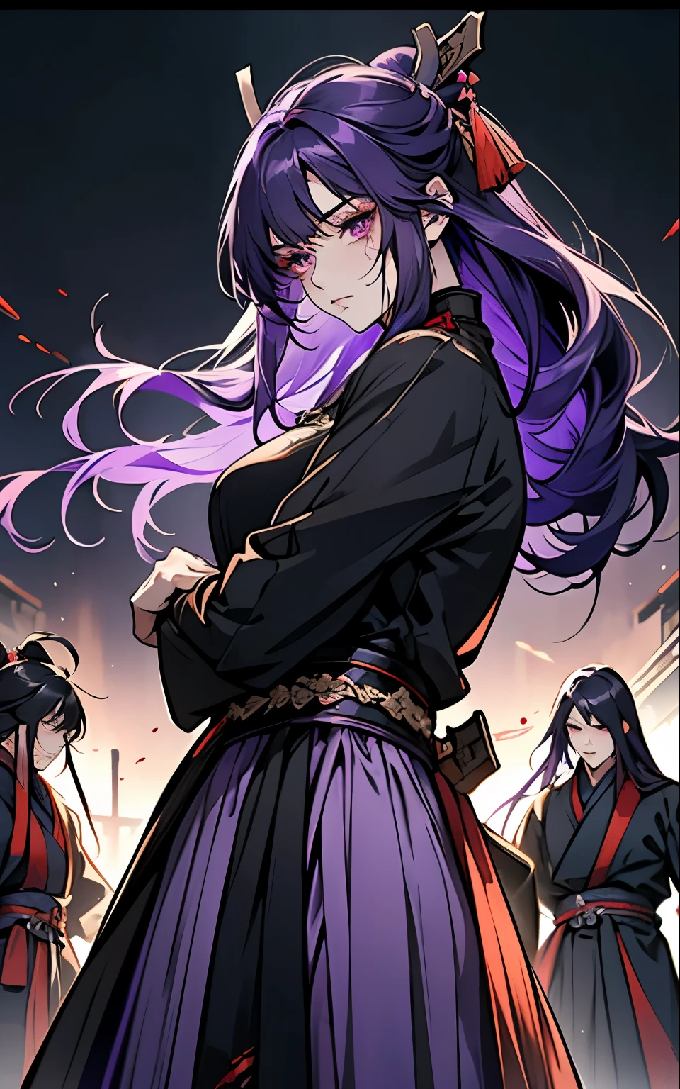 1 women, Raiden Shogun - genshin impact, long purple hair, violet eyes, violet chinese clothes, ultra long skirt, (!Fight, battle, blood, weapon, sword, blood coming out of his mouth, injury, torn clothes, horror!)