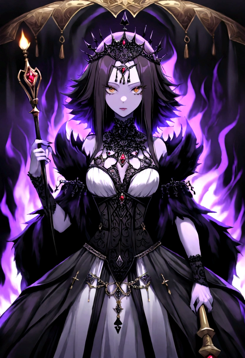 Queen of spades pattern design,poker,Draw an image of an aristocratic woman, Alabaster skin and brown eyes that exude a brutal aura., She wears a sinister tiara studded with dark jewels.,She is wearing a beautiful dress, She holds a scepter decorated with evil symbols, Aura of Malicious Royalty
