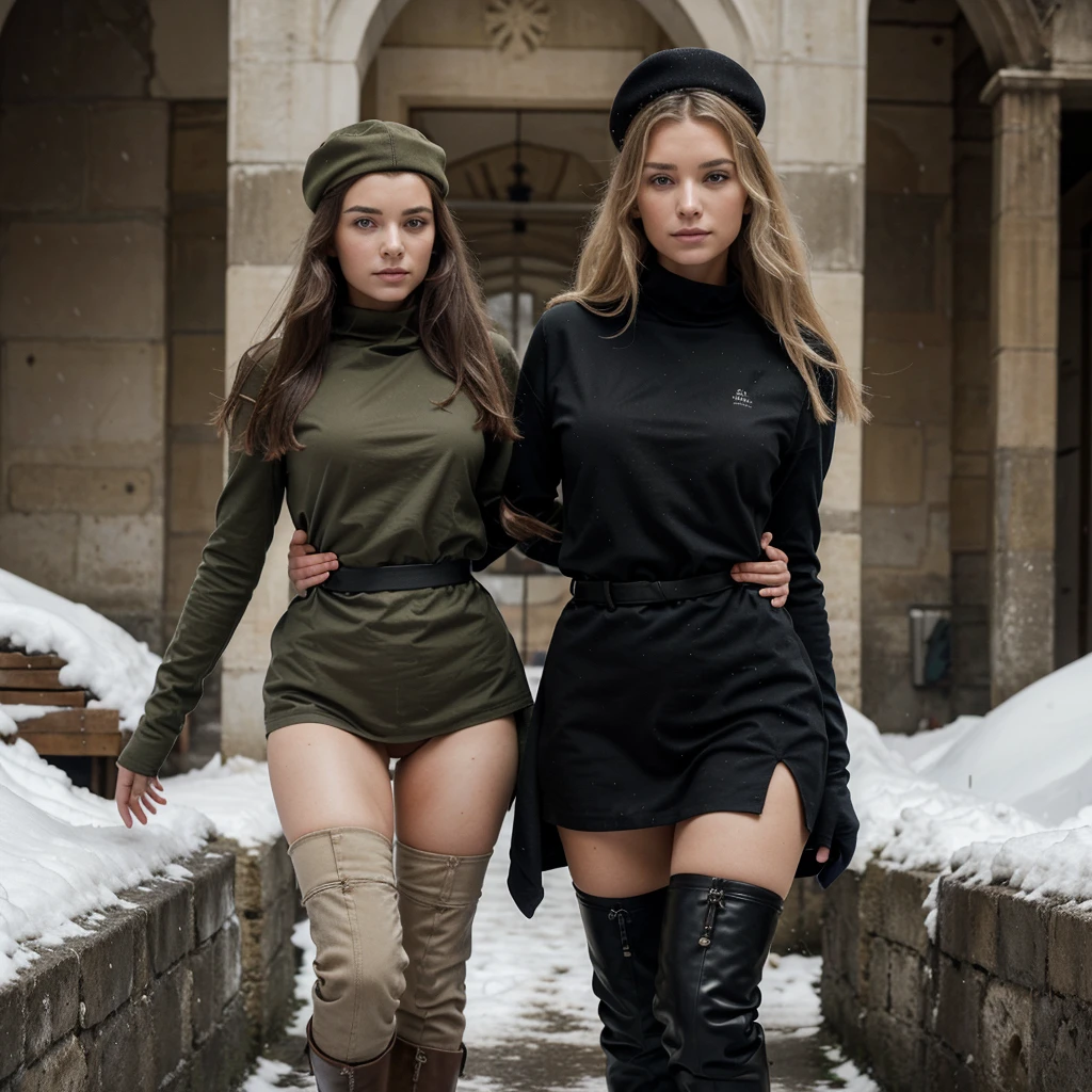 Une photographie ultra réaliste d'une belle femme russe portant une chapka traditionnelle en fourrure, sous une neige tombante. Elle a des cheveux longs et blonds, des yeux bleus perçants, et une expression déterminée. Elle porte une tenue militaire ajustée, composée d'un manteau d'hiver camouflage qui met en valeur ses courbes et de bottes en cuir robustes. Sa tenue, bien que pratique, révèle subtilement sa silhouette athlétique. Elle tient un fusil avec assurance, renforçant son image de guerrière. L'environnement est enneigé et rempli de traces de guerre, avec des tanks et des barbelés en arrière-plan, créant une atmosphère intense et dramatique. La lumière douce et froide met en valeur les détails de son visage et de sa tenue, accentuant son allure sexy et guerrière. La photo est en haute résolution, photoréaliste, avec des détails exquis, profondeur de champ parfaite, lumière cinématographique, et ambiance captivante. 8k, chef-d'œuvre, haute définition, photoréalisme, contraste parfait, netteté élevée.