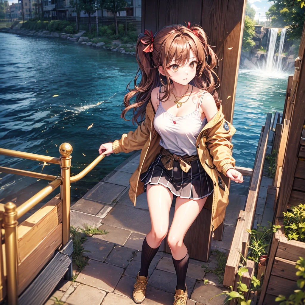 Red, brown, gold, gold hair、Golden Eyes、Hair tied up、One good looking girl、solo、anime、Checkered mini skirt、Ruffles on the skirt、camisole、camisole、Lightweight cardigan、Black knee-high socks、Wearing a baseball cap、Ribbon、Ribbon on waist、Teeth are visible、Sunset sky、Cumulonimbus、Silver coin necklace、shine、From above、Sparks are flying、tunnel、Cobblestones、Hands in pockets、waterfall、Torrent