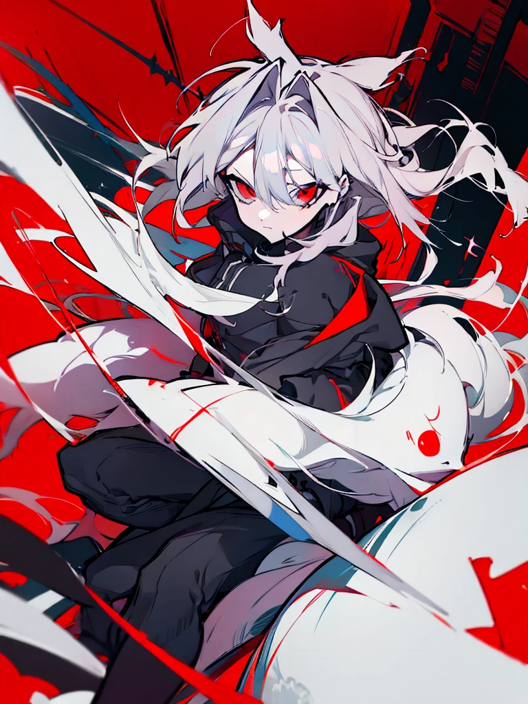 Female anime character with white hair and red eyes sitting on a red and white background, zerochan art, dos arknights, nagito komaeda, ufotable art style, best 4k konachan anime wallpaper, trends on artstation pixiv, Anime main art, digital art on pixiv, zerochan, por Kamagurka, feminine, Kizi, , feminine, female