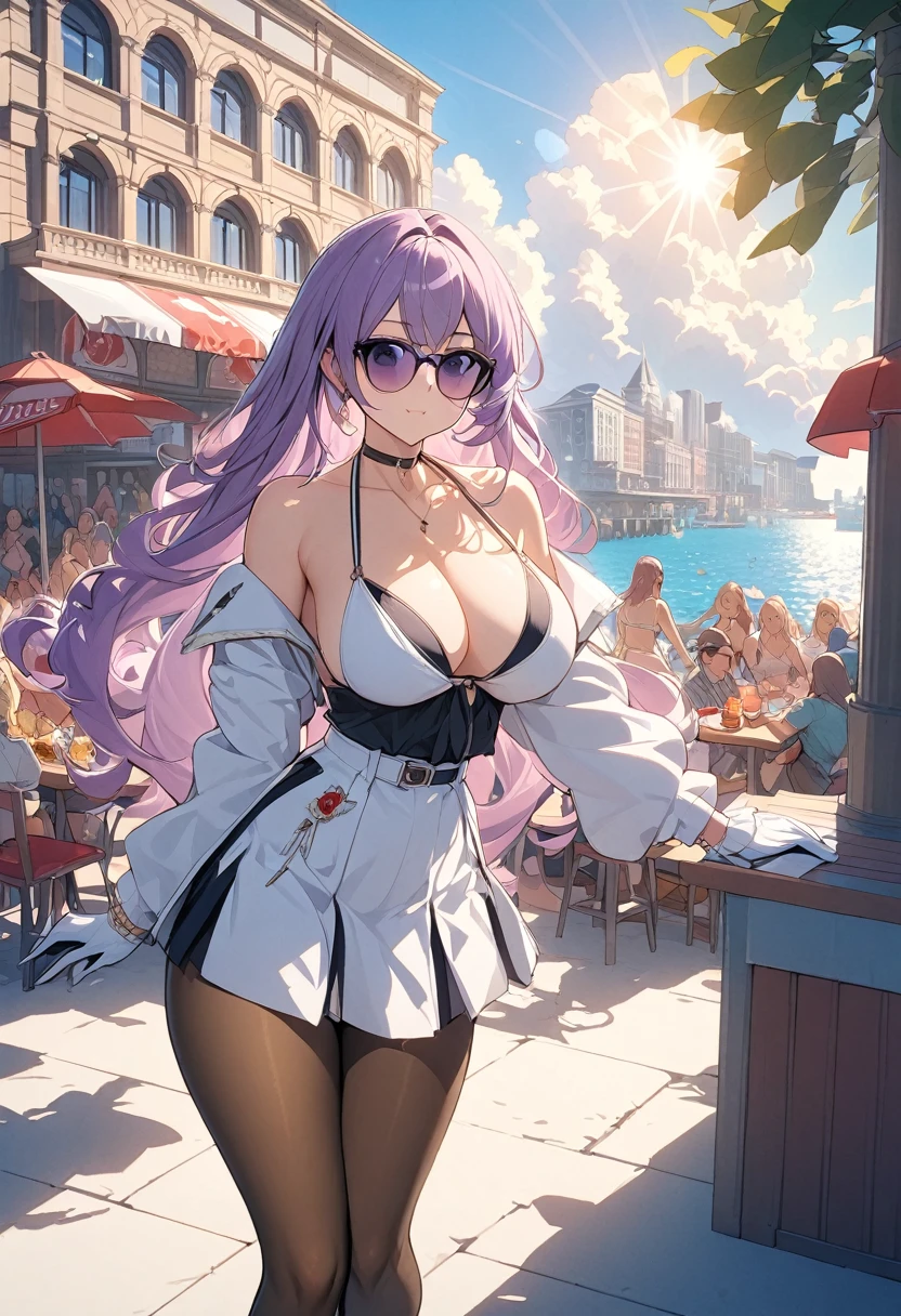 masterpiece, Highest quality,Kentucky Fried Chicken, One girl, 前hair, just_shoulder, skirt, chest, gloves, jewelry, big_chest, length_hair, length_sleeve, pantyhose, purple_eye, purple_hair, shirt, alone,Audience,sunglasses,bikini, (sun, cloud,A renaissance city on the waterfront,Outdoor :1.1),Rendering in Blender((isometric)),